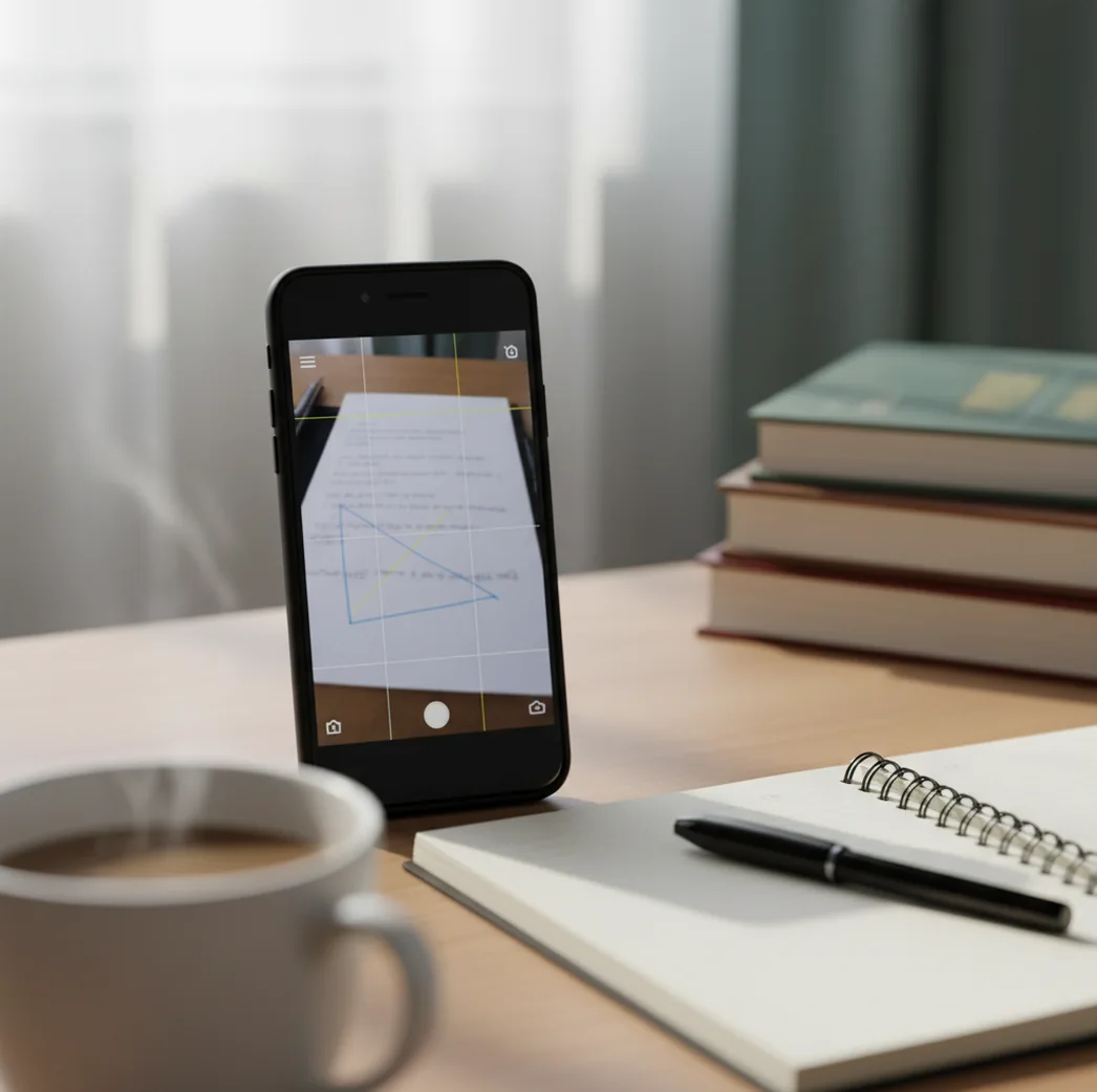 Hand holding phone scanning an essay with sentence highlights indicating likely AI-written lines